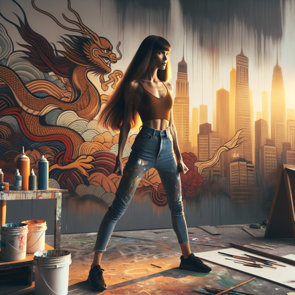 Athletic Thin skinny Attractive, Asian teenage girl, long brown hair and bangs, wearing tight skinny jeans and a halter top paint marks on her clothing, heroic pose Asian graffiti background, side view