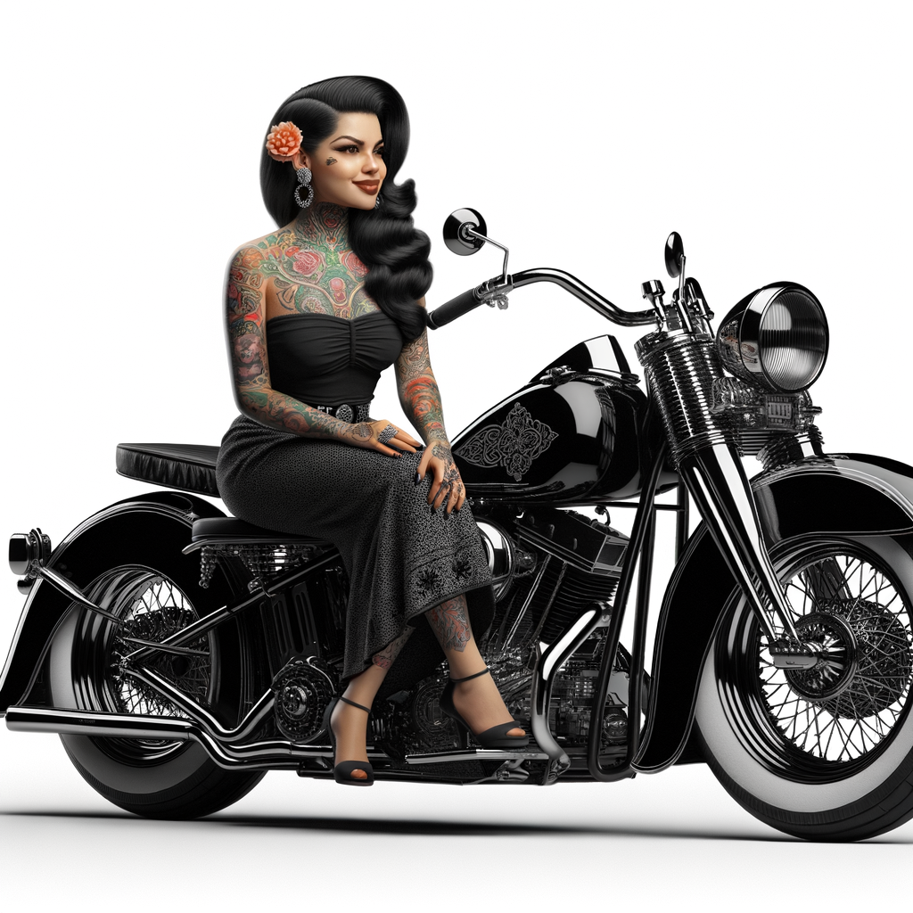 Creat a masterpiece of a beautiful purter rican woman with tattoos sitting on a shiny black Harley Davidson