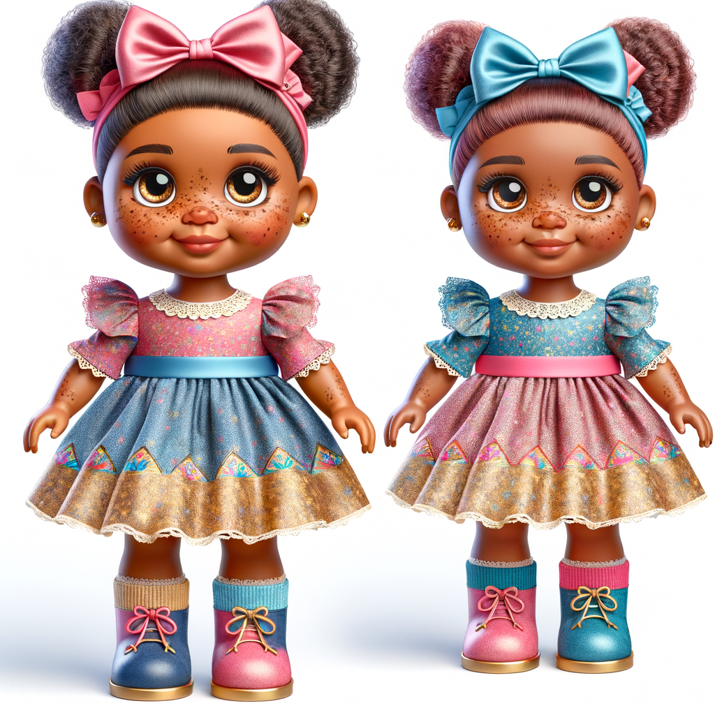 Design a 3-D realistic original African-American Cabbage Patch doll. She has on a blue pink and gold dress with matching booties. She has pink and blue bows in her hair. she lives inside of a colorful dollhouse. She has freckles and big dimples.