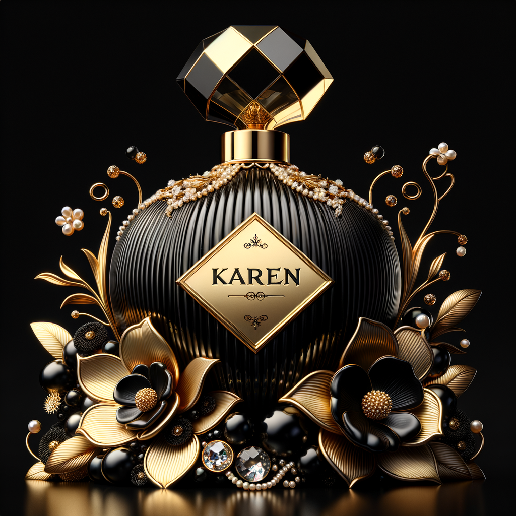 Design a fancy, black and gold bottle of perfume in the shape of a woman’s body. With a golden diamond top, flowers pearls and Diamonds in the name, Karen