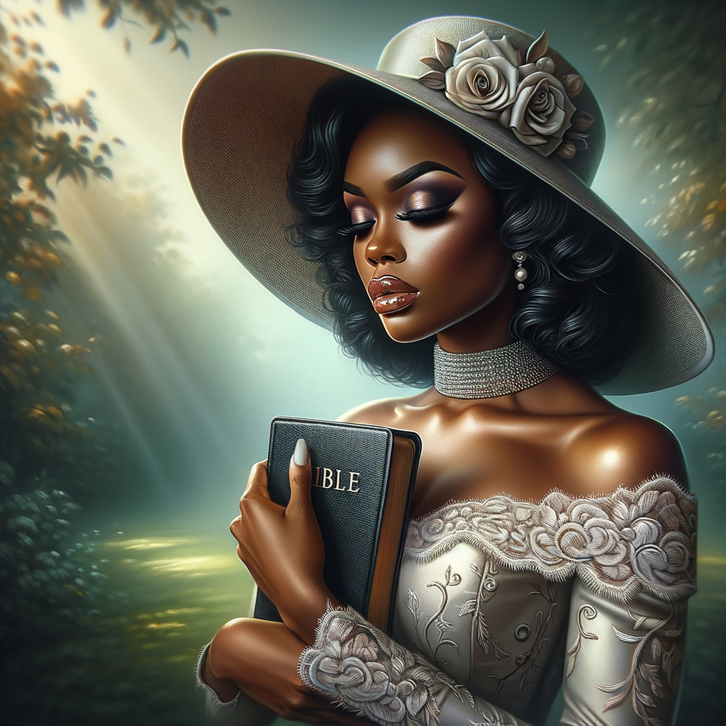 Render an airbrush oil painting of an African American woman with flawless makeup in a
contemplative pose, holding a Bible close to her heart, dressed in an elegant Sunday Best
outfit with a distinctive Church Hat. The background features a peaceful church garden,
with light filtering through the trees, highlighting her spiritual connection and the personal
moment of reflection. The artwork should capture the tranquility of the scene, the beauty
of her attire, and the depth of her contemplation, reflecting a serene and spiritually