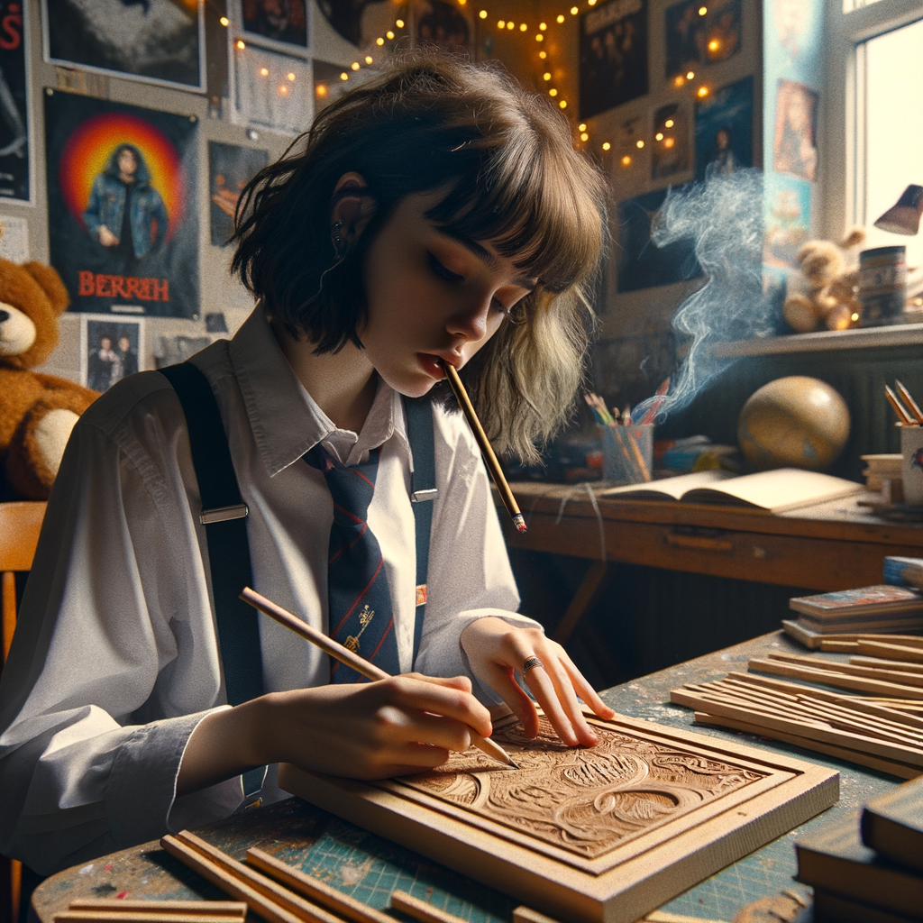 Schoolgirl smoking a cigarette in her room.