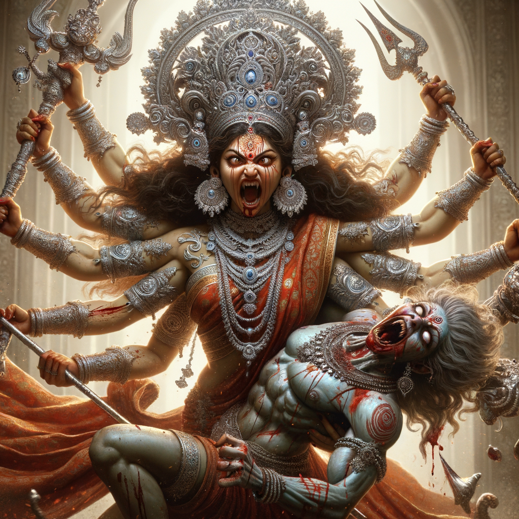 portrait of angry looking goddess durga  carrying a short mahishasur in her two arms and stabbing him with her amazingly designed trident. She is wearing a huge silver crown, red saree, abundant silver jewelry, covered in blood. The scene is set in ancient India. The image is 8K resolution, cinematic, ultra detailed face and epic.