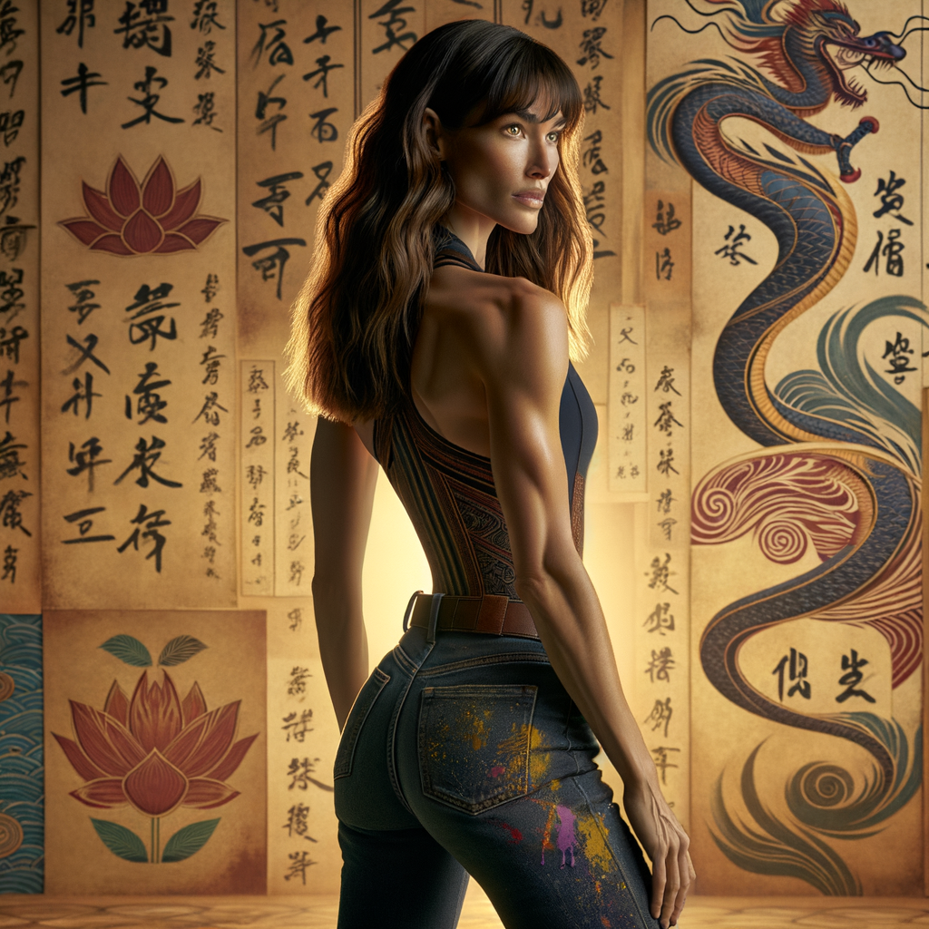 Athletic Thin skinny Attractive, Asian teenage girl, long brown hair and bangs, wearing tight skinny jeans and a halter top paint marks on her clothing, heroic pose Asian graffiti background, backside view