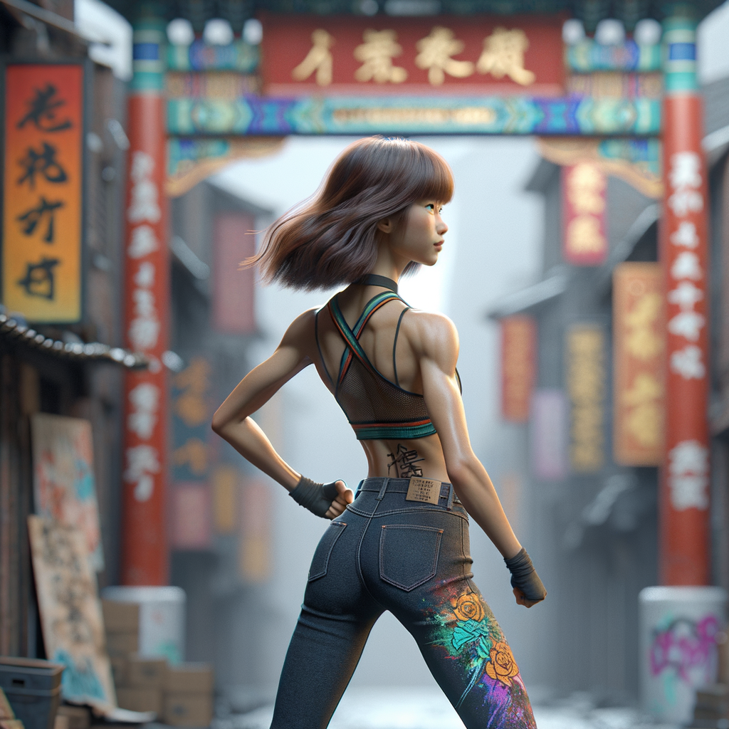 Athletic Thin skinny Attractive, Asian teenage girl, long brown hair and bangs, wearing tight skinny jeans and a halter top paint marks on her clothing, heroic pose Asian graffiti background, backside view