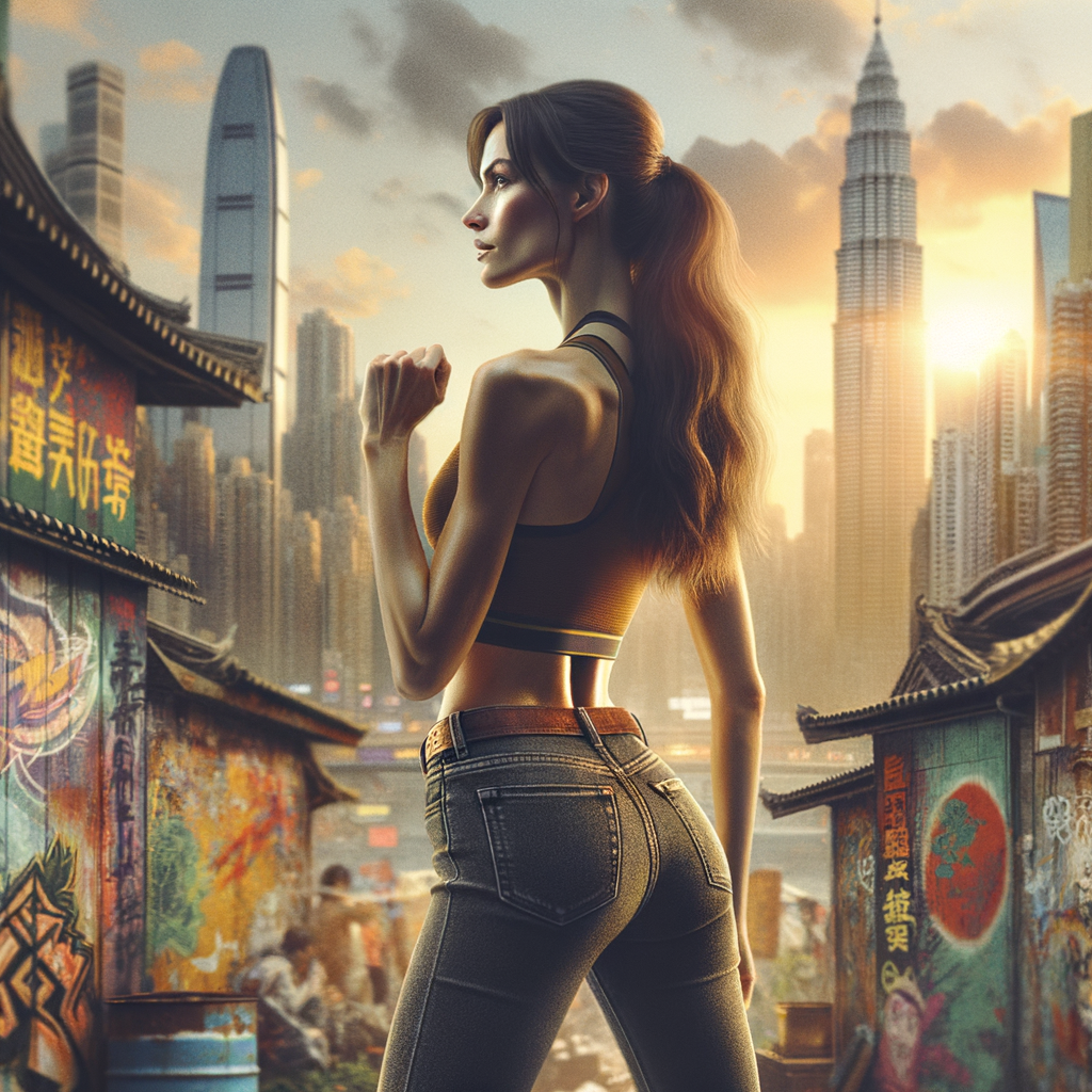 Athletic Thin skinny Attractive, Asian teenage girl, long brown hair and bangs, wearing tight skinny jeans and a halter top paint marks on her clothing, heroic pose Asian graffiti background, backside view