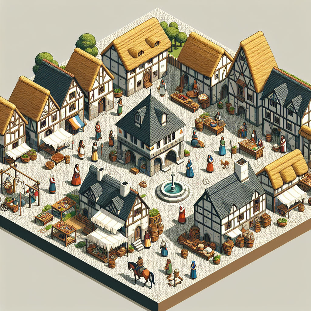 An isometric depiction of a bustling medieval village, with multiple thatched-roof houses arranged along a curved cobblestone street. The village square features a central fountain, and townsfolk in simple clothing are gathered around market stalls selling bread, cloth, and pottery. Nearby, a blacksmith works at a forge while a horse and cart wait by the stable.