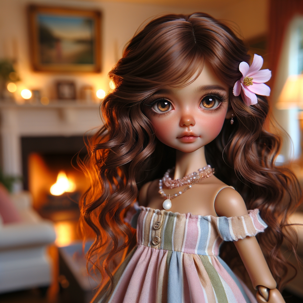 Create an image of a stylized, Latino brown skin doll-like girl seated in a cozy living room with a warm fireplace. She has voluminous, wavy hair cascading over her shoulders, tinted with shades of chestnut and mocha. Her large, expressive eyes are a deep brown, fringed with long, fluttery lashes. A delicate pink flower tucks behind one ear, complementing her youthful glow. She wears a pastel-striped summer dress with soft, flowing fabric that drapes elegantly over her small frame. Around her neck is a dainty necklace adorned with beads and a gentle sprinkle of gemstones reflecting subtle light. In her hand, she holds a pearly seashell as a charming accessory. Behind her, the living room is inviting, with plush furnishings, a mantelpiece adorned with family photos and trinkets, and a crackling fireplace that casts a comforting glow and dancing shadows around the room, enhancing the ambiance of a serene home setting