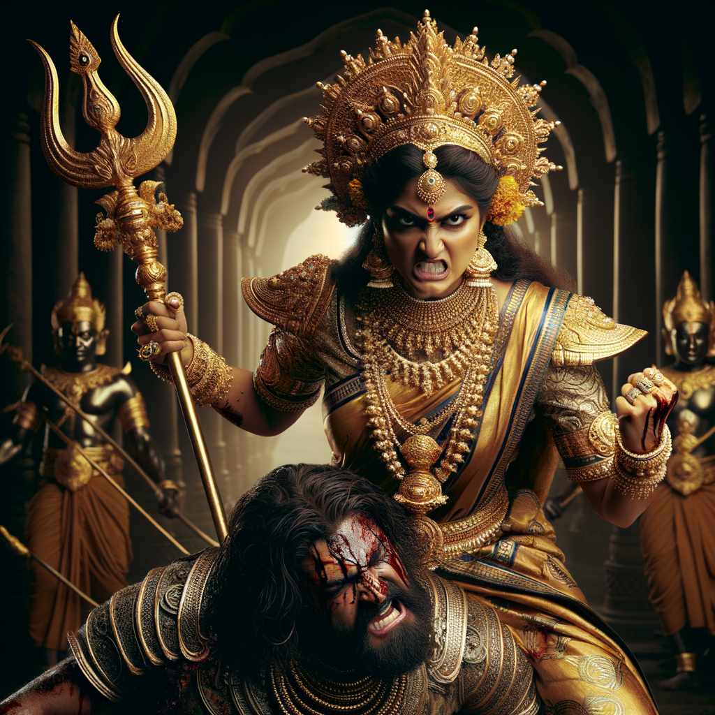 portrait of angry looking, indian goddess trampling a defeated mahishasur with her foot, while he is lying on the ground, she has a trident in her hand. She is wearing gold armor, a huge gold crown, gold saree, abundant  gold jewelry, covered in blood. The scene is set in ancient India. The image is 8K resolution, cinematic, photography, ultra detailed face and epic.