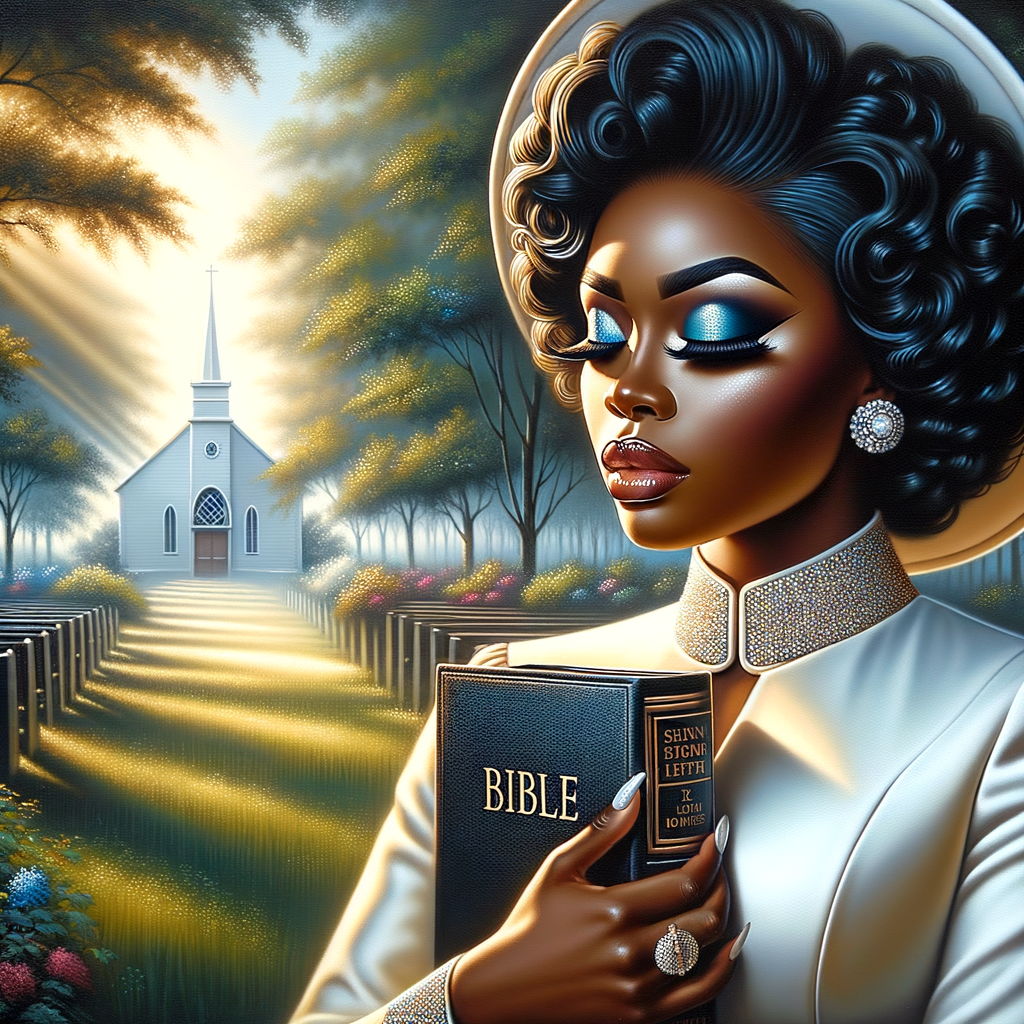 Render an airbrush oil painting of an African American woman with flawless makeup in a
contemplative pose, holding a Bible close to her heart, dressed in an elegant Sunday Best
outfit with a distinctive Church Hat. The background features a peaceful church garden,
with light filtering through the trees, highlighting her spiritual connection and the personal
moment of reflection. The artwork should capture the tranquility of the scene, the beauty
of her attire, and the depth of her contemplation, reflecting a serene and spiritually