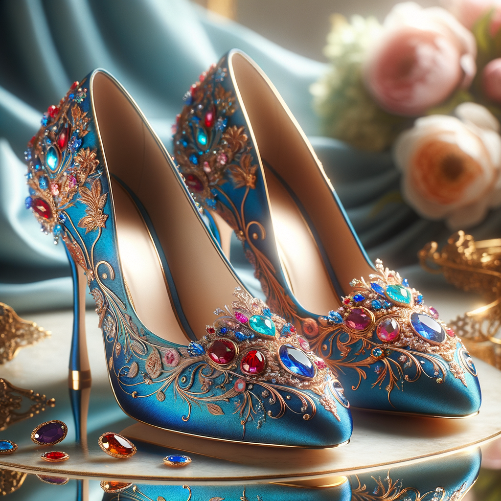 Imagine a pair of enchanting shoes, each a mirror image of the other, placed gracefully upon a regal surface. They are bathed in the soft, diffuse light that casts gentle reflections upon their silk fabric. These shoes are no ordinary footwear; they are a masterpiece of vibrant royal blue, adorned with ornate golden filigree and a multitude of glittering jewels in various hues—rubies, sapphires, emeralds, and delicate pink diamonds. Each shoe boasts an elegant, curved heel in a matching vivid blue, with tiny red and blue gems accenting the base. The shoes are positioned against a backdrop of soft-focus flowers, their pastel colors complementing the rich tones of the shoes, with hints of gold framing providing a touch of opulence. This image captures the essence of a fairy tale brought to life, a visual symphony of color and splendor.