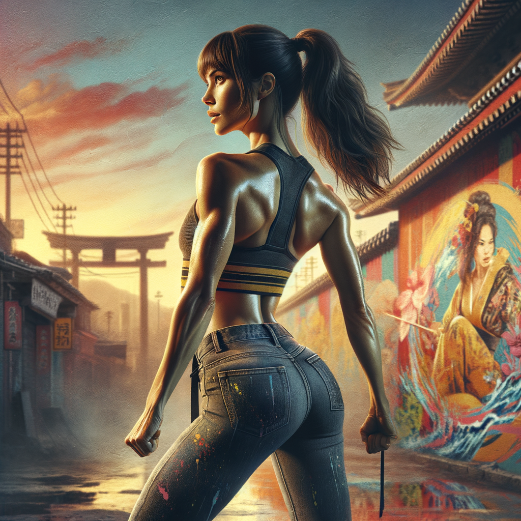 Athletic Thin skinny Attractive, Asian teenage girl, long brown hair and bangs, wearing tight skinny jeans and a halter top paint marks on her clothing, heroic pose Asian graffiti background, backside view