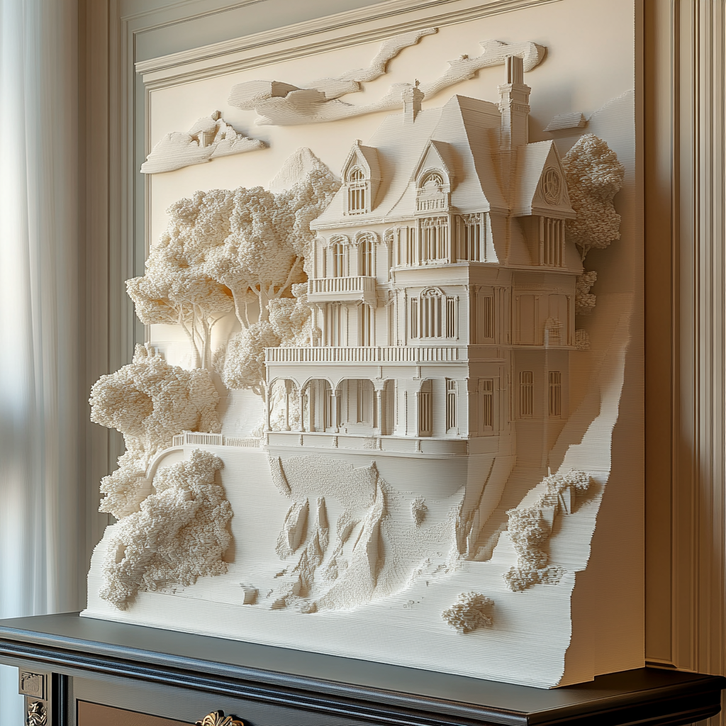 3D printed scale model of a house being displayed as art on a wall