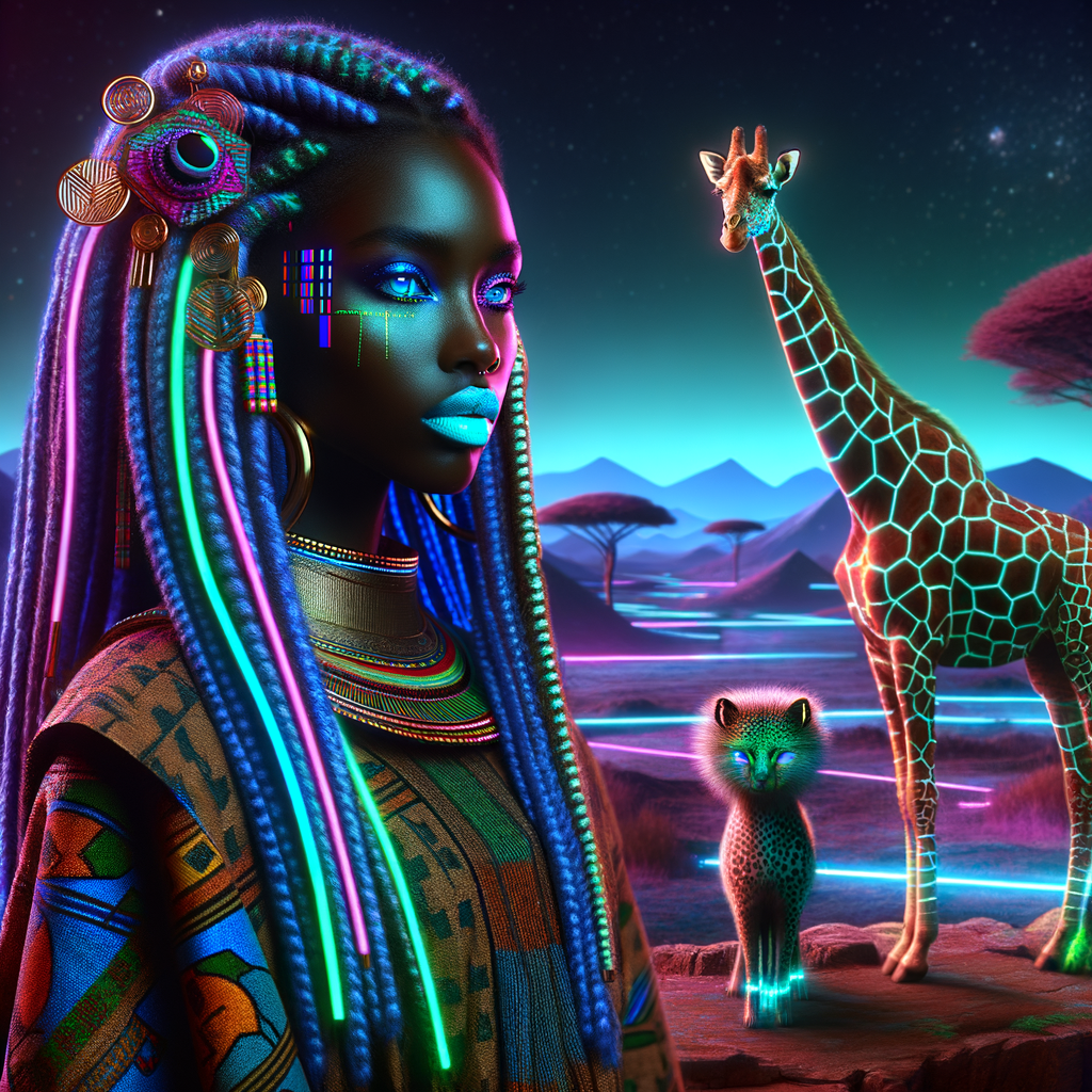 ancient landscape Ancient warrior woman Slimthick African American pretty face flawless skin long colorful braids, plus edges, fluxus art vibrant colors one  blue eye one green eye. Ancient attire sandal's striped giraffe