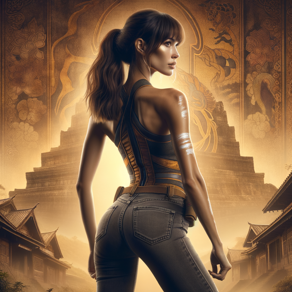 Athletic Thin skinny Attractive, Asian teenage girl, long brown hair and bangs, wearing tight skinny jeans and a halter top paint marks on her clothing, heroic pose Asian graffiti background, backside view