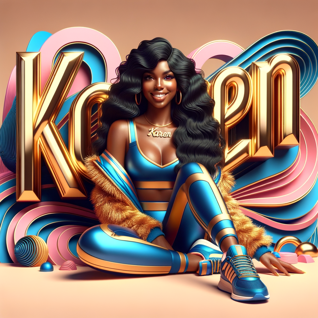 3D writing name "KAREN" bold glossy gold. There is a beautiful African-American latino woman, smiling with long black, wavy hair,, blue and gold trendy jacket and outfits in blue, pink, and gold tones, sport shoes, sitting under the name. Her outfits are glossy. dynamic color explosion background, of pink, blue, gold colors, splashed on white wall