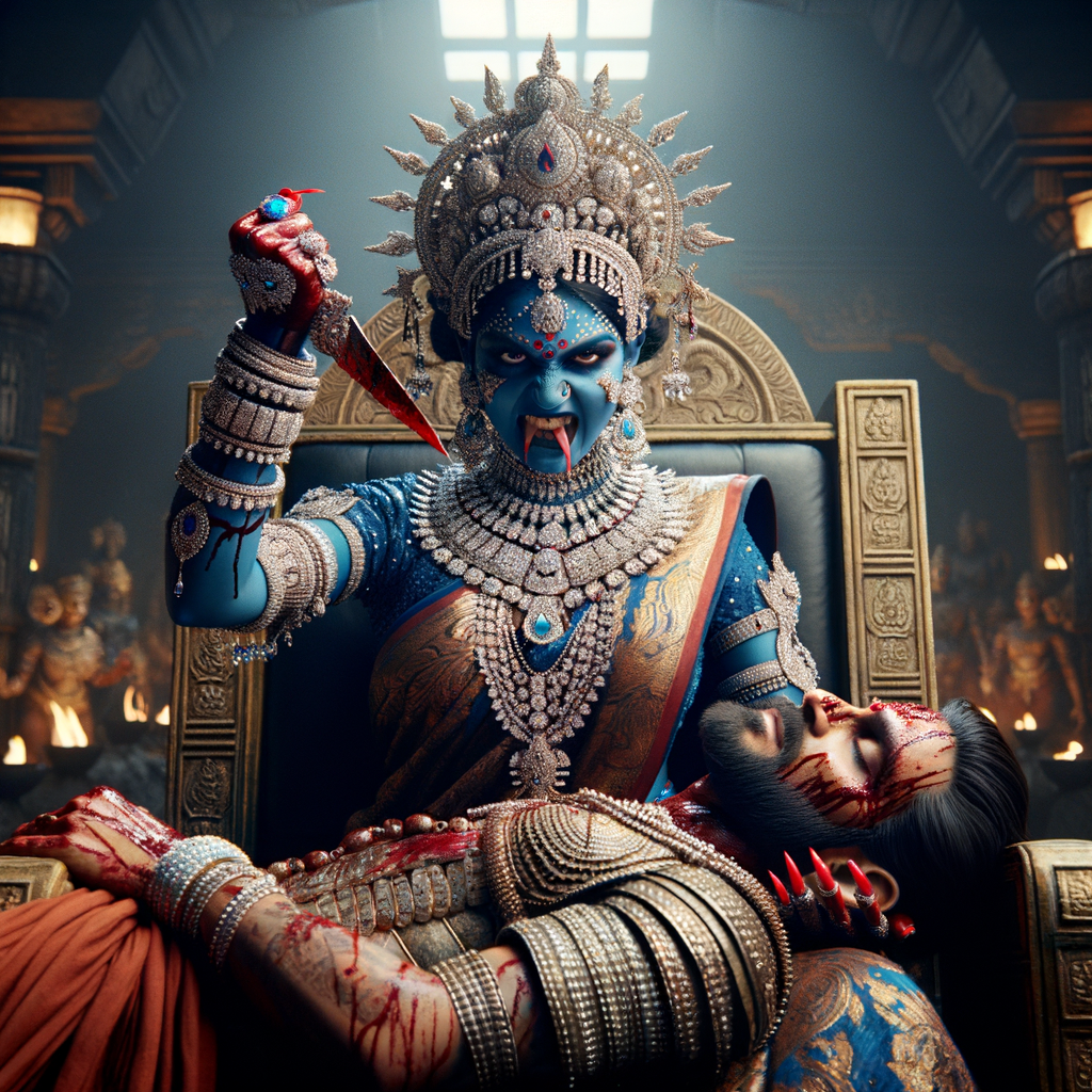 portrait of extremly angry looking goddess kali, blue skinned, sitting on a gold crown and carrying a weak mahishasur on her lap and stabbing him with her amazing red finger nails. She is wearing diamond armor, a huge diamond crown, red saree, abundant diamond jewelry, covered in blood. The scene is set in ancient India. The image is 8K resolution, cinematic, ultra detailed face and epic.