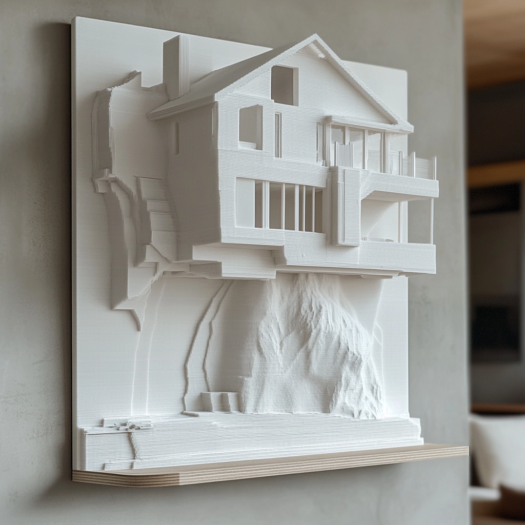 3D printed scale model of a house being displayed as art on a wall