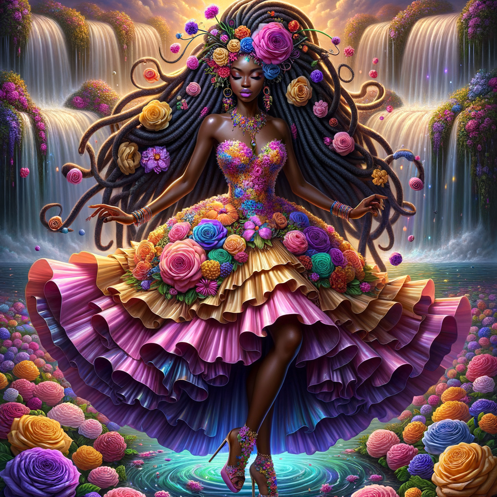 Remix Prompt
S/O Jackie Torres
S/O Panda Locke

create a animated style hyper realistic airbrush whimsical oil painting of a light African American woman wearing a flawless beautiful purple, pink, and gold blossom dress long flowing with colorful flowers and ruffles on the dress colorful jewelry made of flowers she has long black dreadlocks in a bun a colorful rose in her hair her peep toe shoes is matching her dress behind her is a beautiful waterfall liquid glowing lights beautiful colorful rainbow surrounded by beautiful roses.