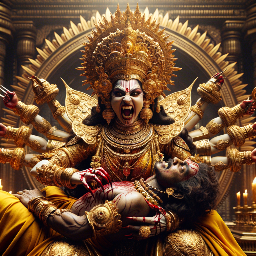 portrait of angry looking, four-armed indian goddess  sitting on a gold crown and carrying a weak mahishasur on her lap and poking his abdomen with her amazingly long red fingernails . She is wearing gold armor, a huge gold crown, gold saree, abundant  gold jewelry, covered in blood. The scene is set in ancient India. The image is 8K resolution, cinematic, photography, ultra detailed face and epic.