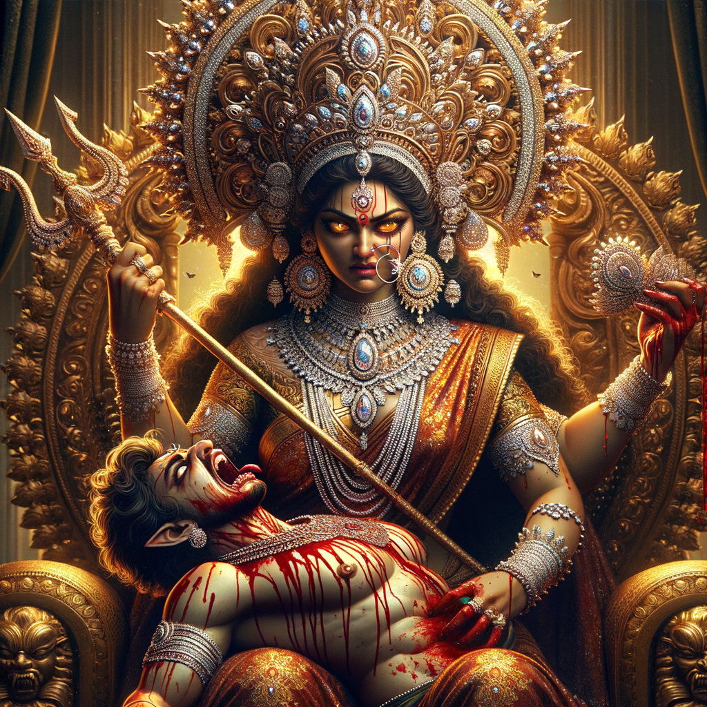 portrait of angry looking goddess durga sitting on a gold crown and carrying a weak mahishasur on her lap and stabbing him with her amazingly designed trident. She is wearing a huge diamond crown, black saree, abundant diamond jewelry, covered in blood. The scene is set in ancient India. The image is 8K resolution, photograph, cinematic, ultra detailed face and epic.