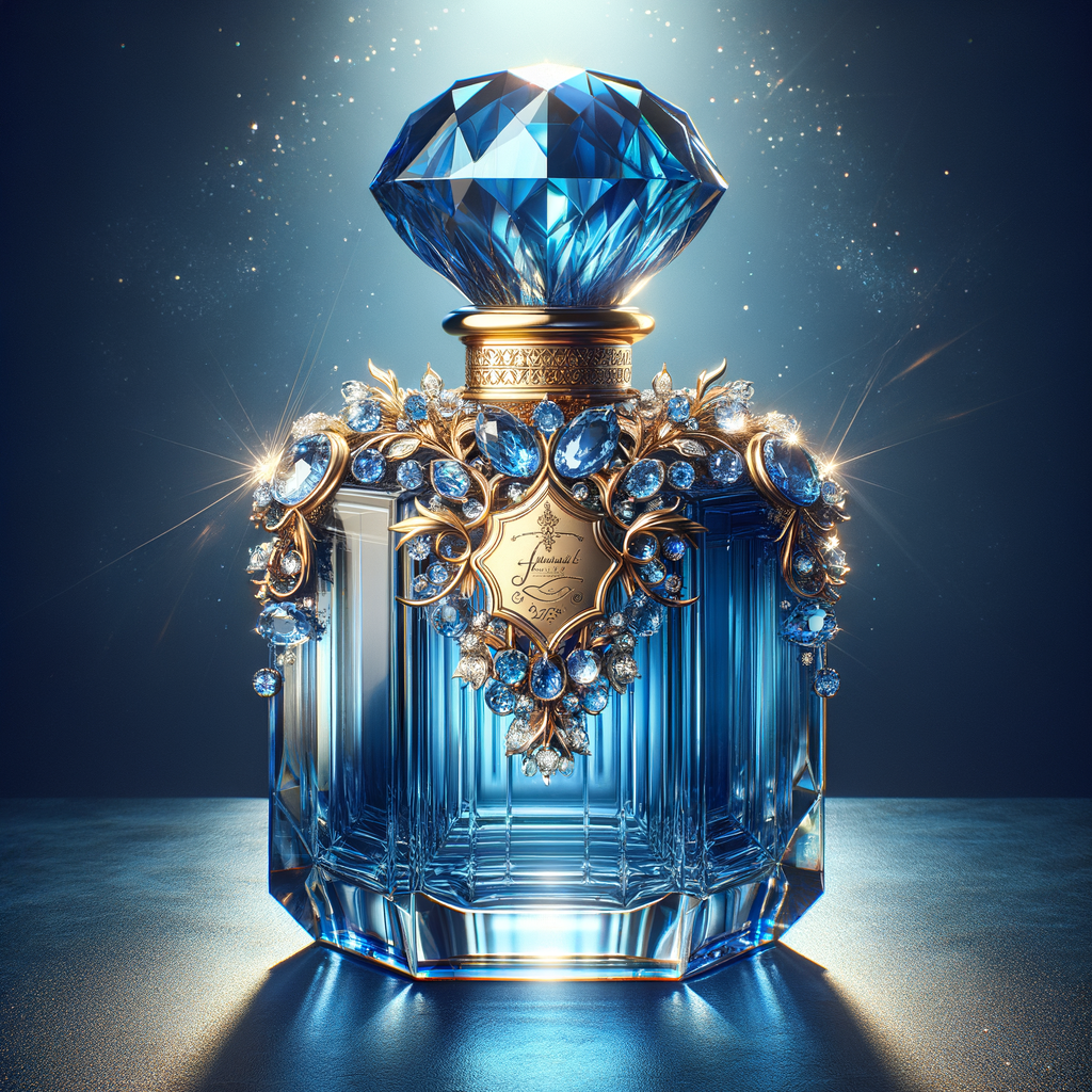 A digital illustration of a luxurious perfume bottle with a tall, faceted cap designed to mimic a deep blue gemstone, giving a sapphire-like appearance. The bottle, displaying a vivid blue color with light refraction effects, suggests the high clarity of glass. It rests on a reflective surface, hinting at the elegance of the product. A golden crown, ornately decorated with sparkling diamonds and inset with sapphire-blue gemstones, encircles the bottle's neck, adding to its opulence. The name 'KAREN' is featured in a prominent, sophisticated script on the front of the bottle, standing out against the deep blue background. The overall image conveys a sense of luxury and high fashion.