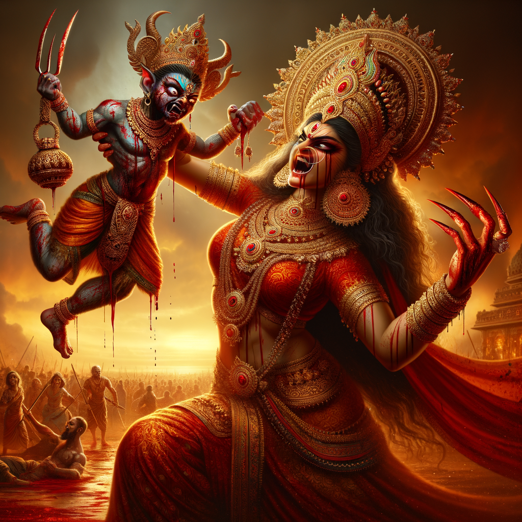 Portrait of angry and gorgeous goddess durga slaying mahishasur by carrying him in her arms and stabbing him with her red long nails. she should wear Gold jewelry all over the body. Mahishasur should have wounds all over his body. mahishasur should be smaller in size compared to Goddess durga. Background is an intense battlefield. reddish hue everywhere and sunset in the background.  Epic scene. 4k, HDR.