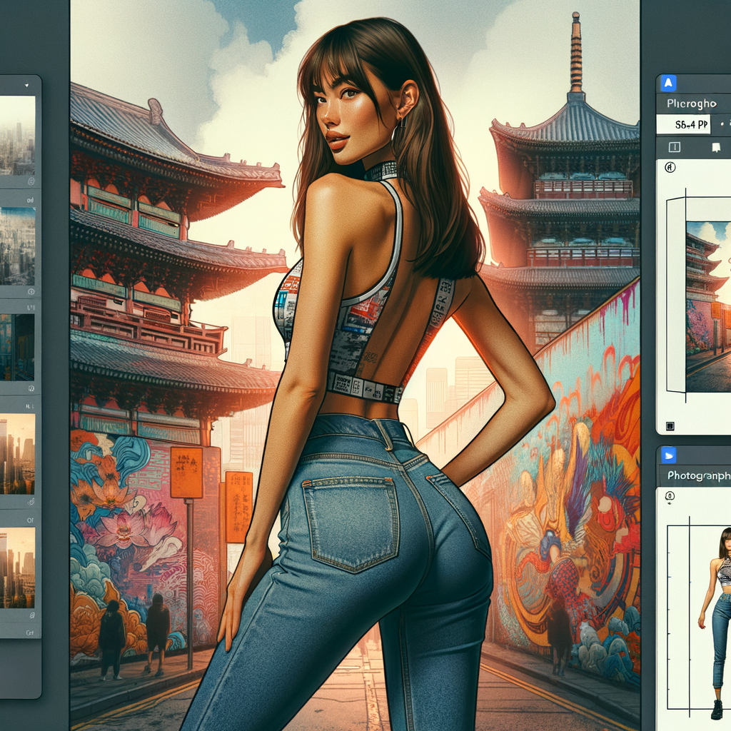 Athletic Thin skinny Attractive, Asian teenage girl, long brown hair and bangs, wearing tight skinny jeans and a halter top paint marks on her clothing, heroic pose Asian graffiti background, backside view