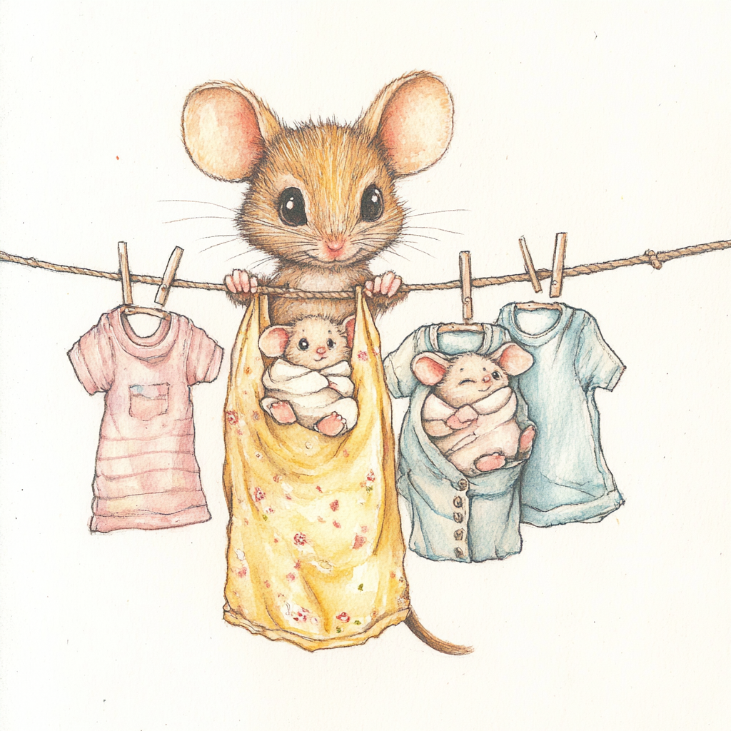 Cute mouse with expressive eyes, hanging laundry on a line which has lots of baby clothing hanging off it on clothing pins. She is adorable and has 2 little baby mice hanging from the line wrapped in blankets. Style is watercolor, with pencil outlines.