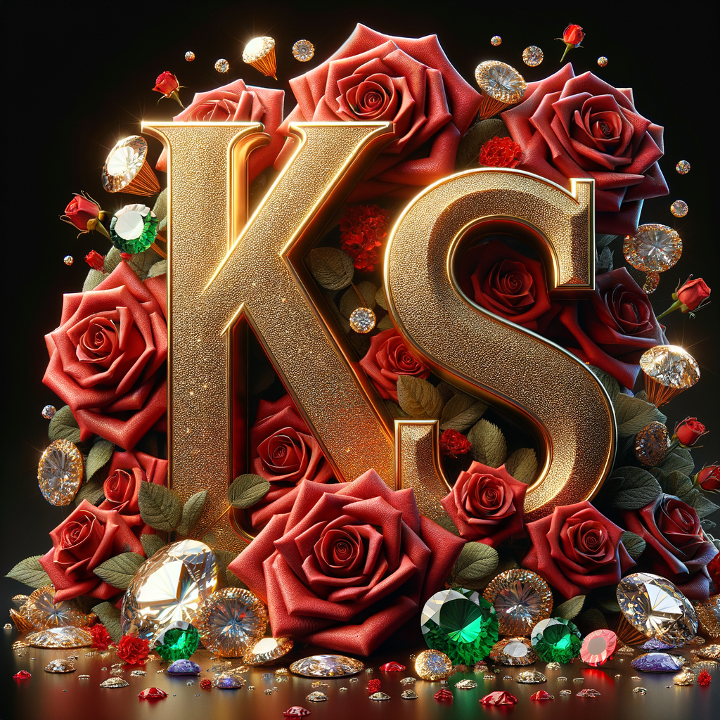 Create a 3-D realistic image with the letters  K.S. in gold raised letters and add some red roses. Add diamonds and colorful jewels