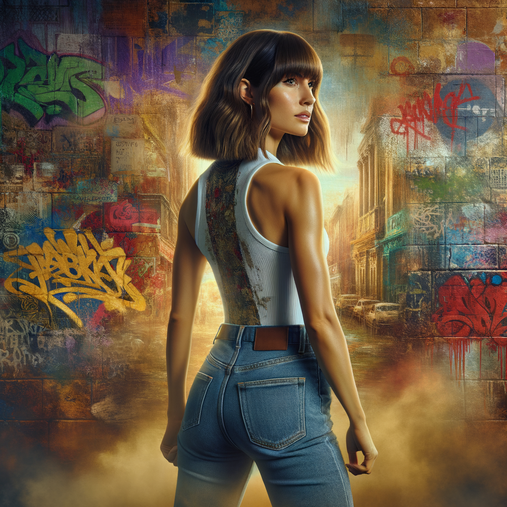 Athletic Thin skinny Attractive, Asian teenage girl, long brown hair and bangs, wearing tight skinny jeans and a halter top paint marks on her clothing, heroic pose Asian graffiti background, backside view