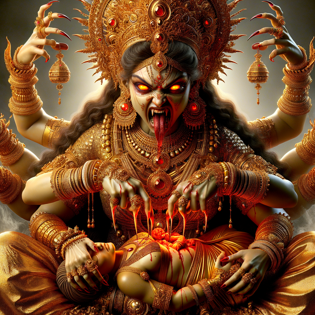 portrait of angry looking, four-armed indian goddess  sitting on a gold crown and carrying a weak mahishasur on her lap and poking his abdomen with her amazingly long red fingernails . She is wearing gold armor, a huge gold crown, gold saree, abundant  gold jewelry, covered in blood. The scene is set in ancient India. The image is 8K resolution, cinematic, photography, ultra detailed face and epic.