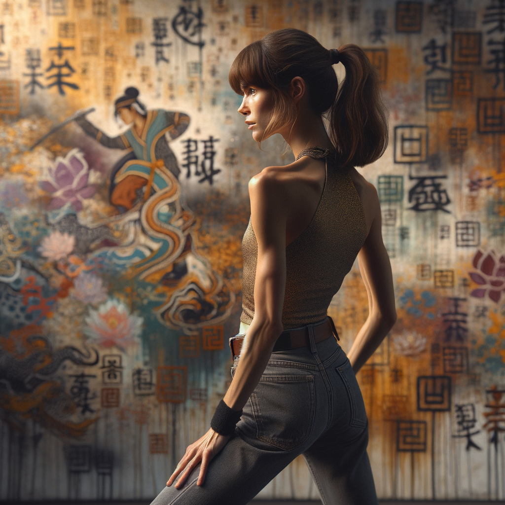 Athletic Thin skinny Attractive, Asian teenage girl, long brown hair and bangs, wearing tight skinny jeans and a halter top paint marks on her clothing, heroic pose Asian graffiti background, backside view