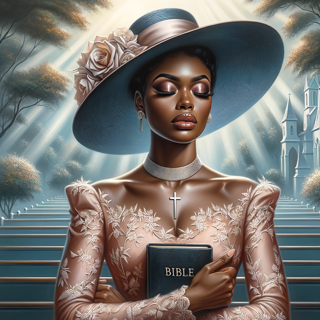 Render an airbrush oil painting of an African American woman with flawless makeup in a
contemplative pose, holding a Bible close to her heart, dressed in an elegant Sunday Best
outfit with a distinctive Church Hat. The background features a peaceful church garden,
with light filtering through the trees, highlighting her spiritual connection and the personal
moment of reflection. The artwork should capture the tranquility of the scene, the beauty
of her attire, and the depth of her contemplation, reflecting a serene and spiritually