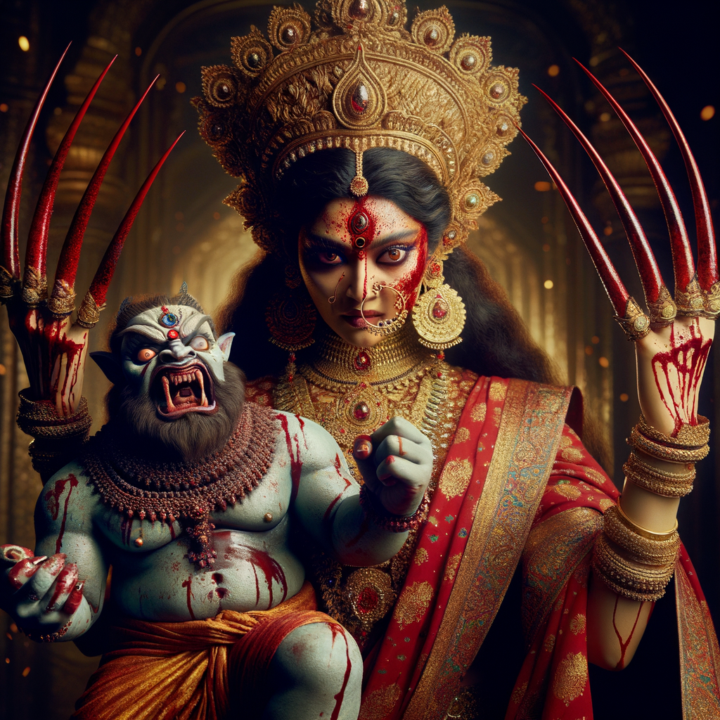 portrait of angry looking goddess durga  carrying a chubby mahishasur in her arms and poking him with her amazingly long red fingernails. She is wearing a huge gold crown, red saree, abundant  gold jewelry, covered in blood. The scene is set in ancient India. The image is 8K resolution, cinematic, ultra detailed face and epic.