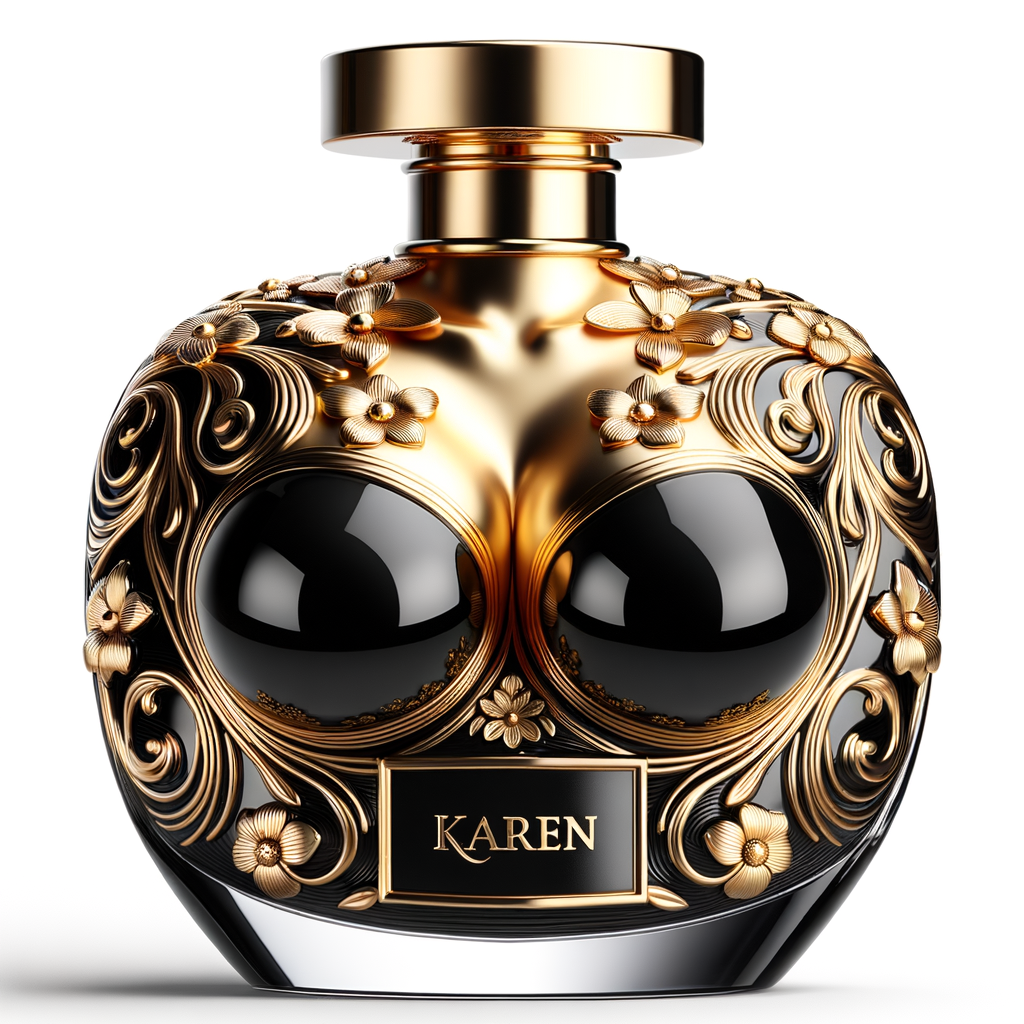 Design, a black and gold perfume bottle in the shape of a woman’s body with flowers and the name Karen