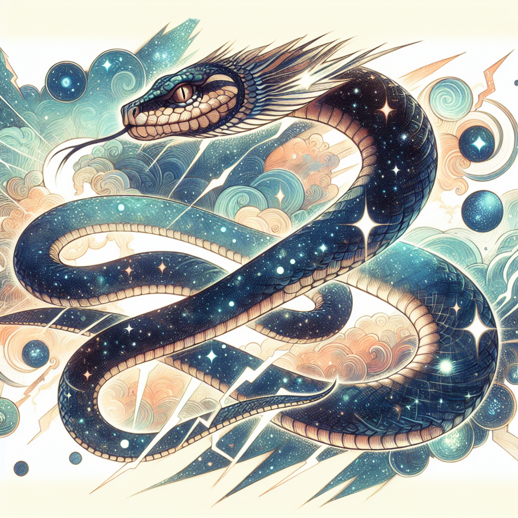 Create an image of a celestial quantum serpent that embodies power and mystique with its fluid shape. Its scales are iridescent, mirroring the cosmos, and its body is enveloped in crackling energy bolts. The serpent's piercing gaze transcends time and space. The portrait should be of the highest quality, with precise and clear details, highlighting the serpent's divine aura.