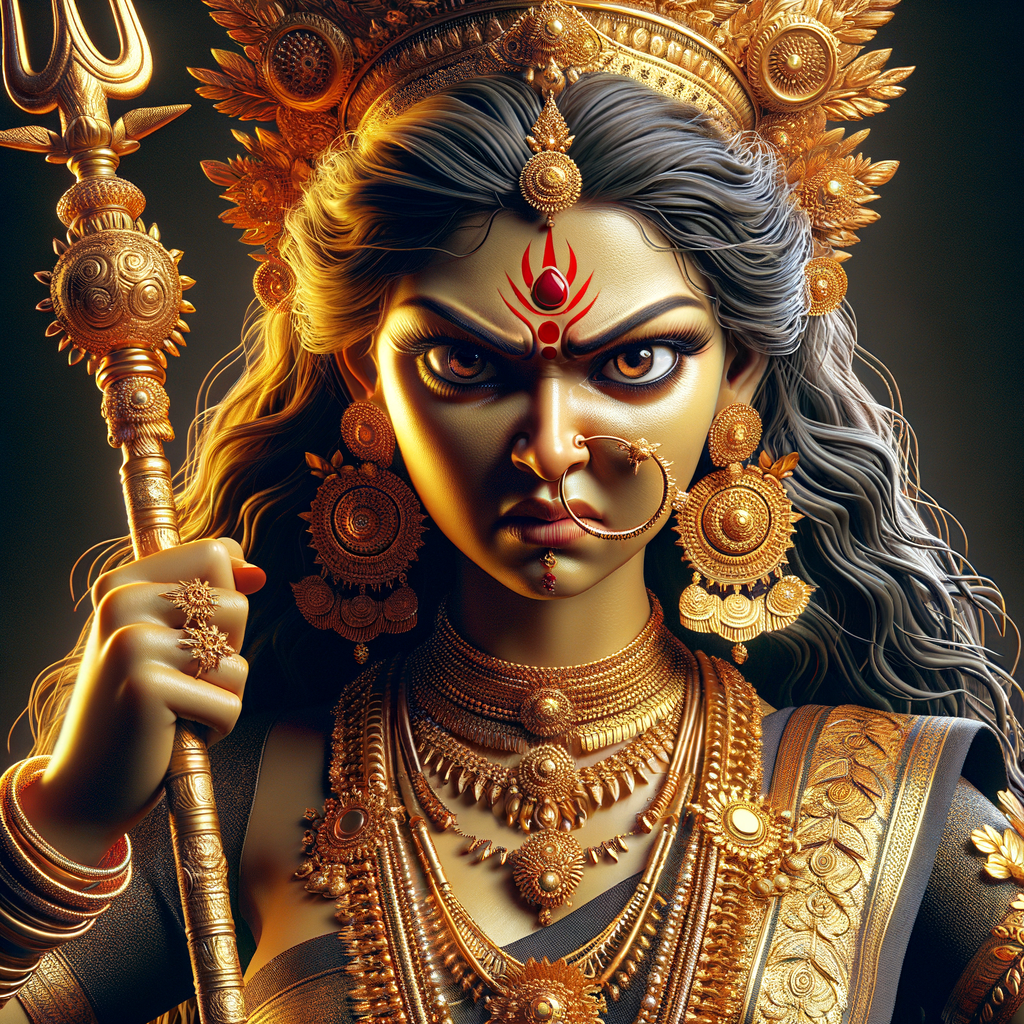 portrait of angry pooja hegde as goddess durga holding a trident. intricately detailed depiction of a goddess. gold jewelry all over body. one big round red bindi on forehead. ultra detailed face. uhd, hdr, 64k, epic scene.