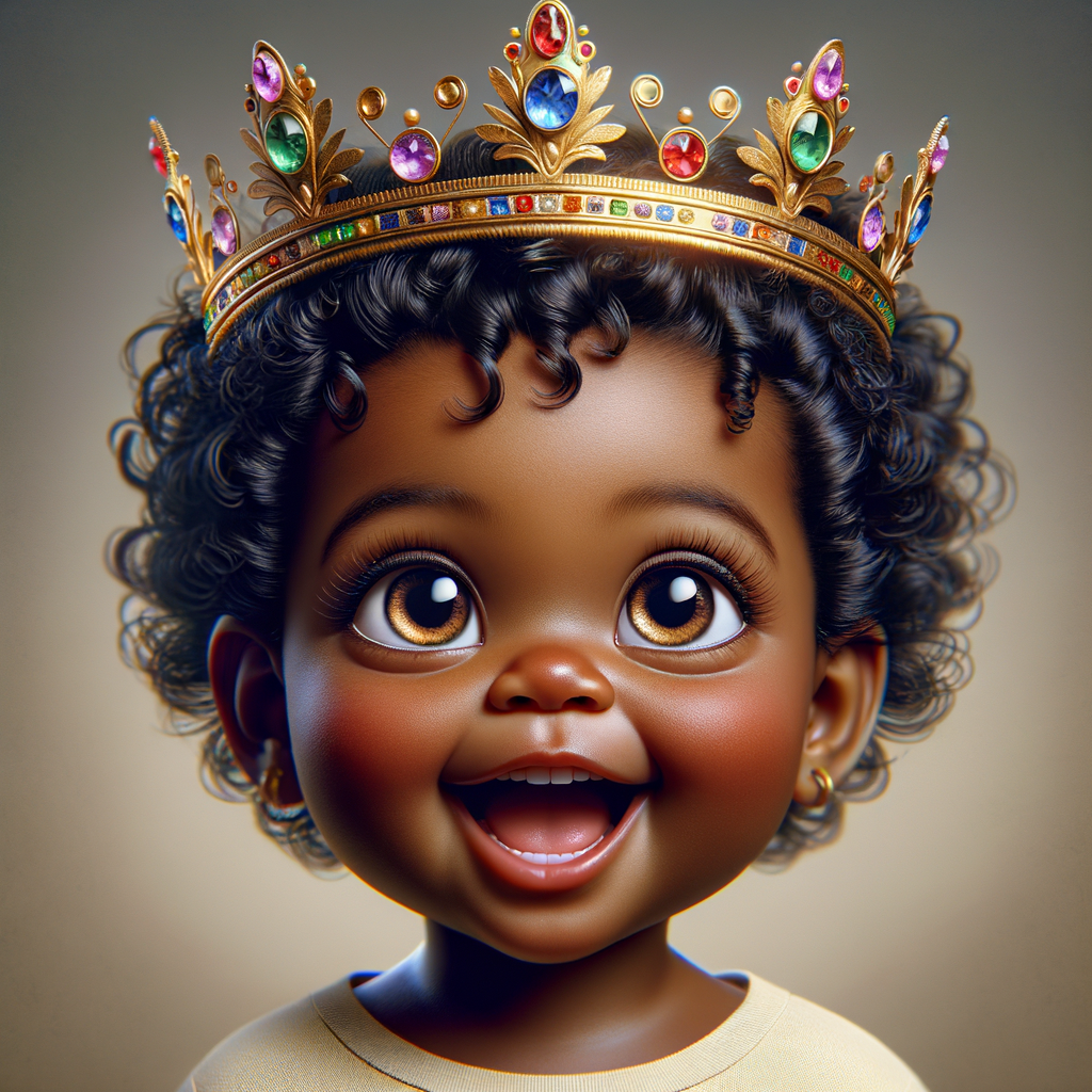 "Create a digital portrait of an adorable african-American baby girl with a joyful expression. She is wearing a gold crown with colorful jewels. Her big, bright blue eyes are wide with wonder, and her tiny mouth is shaped in a happy grin. Her skin has a warm, honey-brown tone, and she has an abundance of thick curly black hair, The background is soft and neutral to keep the focus on her delightful features. The portrait should be vibrant and heartwarming, celebrating the innocence and charm of childhood."