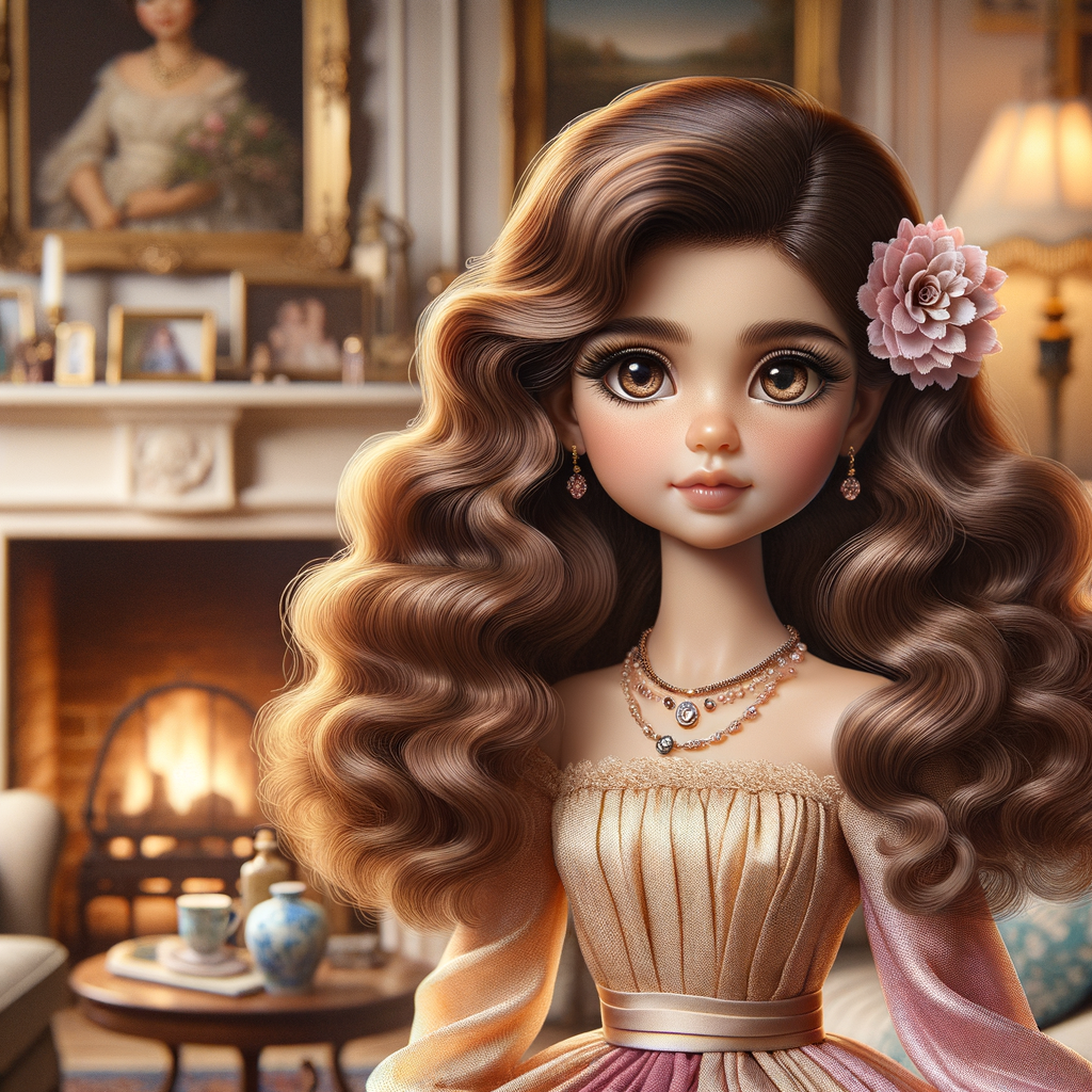 Create an image of a stylized, Latino doll-like girl seated in a cozy living room with a warm fireplace. She has voluminous, wavy hair cascading over her shoulders, tinted with shades of chestnut and mocha. Her large, expressive eyes are a deep brown, fringed with long, fluttery lashes. A delicate pink flower tucks behind one ear, complementing her youthful glow. She wears a gold, pink, and blue body on dress with soft, flowing fabric that drapes elegantly over her small frame. Around her neck is a dainty necklace adorned with beads and a gentle sprinkle of gemstones reflecting subtle light. In her hand, she holds a pearly seashell as a charming accessory. Behind her, the living room is inviting, with plush furnishings, a mantelpiece adorned with family photos and trinkets, and a crackling fireplace that casts a comforting glow and dancing shadows around the room, enhancing the ambiance of a serene home setting