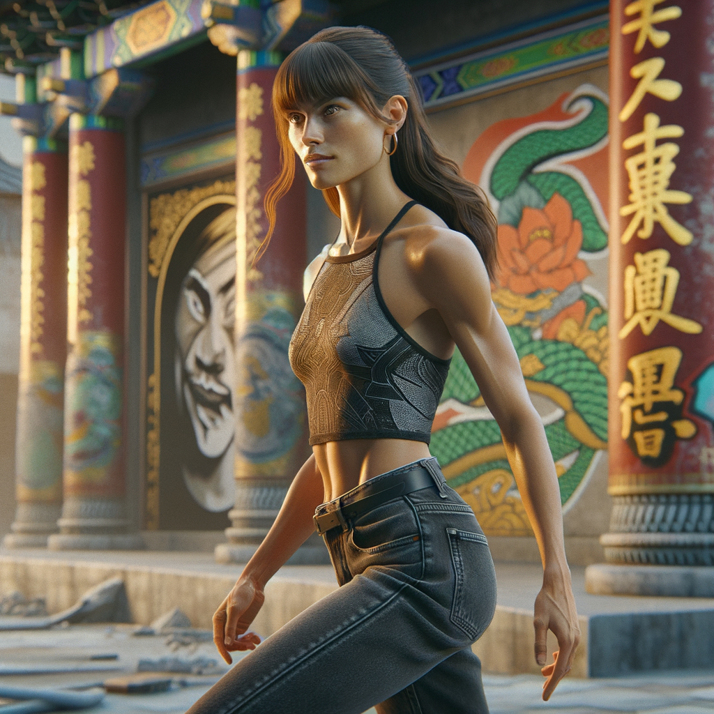 Athletic Thin skinny Attractive, Asian teenage girl, long brown hair and bangs, wearing tight skinny jeans and a halter top paint marks on her clothing, heroic pose Asian graffiti background, side view