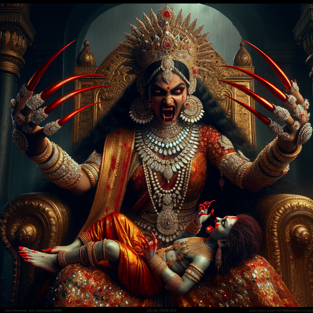 portrait of extremly angry looking goddess kali, sitting on a gold crown and carrying a weak mahishasur on her lap and stabbing him with her amazing long red finger nails. She is wearing diamond armor, a huge diamond crown, red saree, abundant diamond jewelry, covered in blood. The scene is set in ancient India. The image is 8K resolution, cinematic, ultra detailed face and epic.