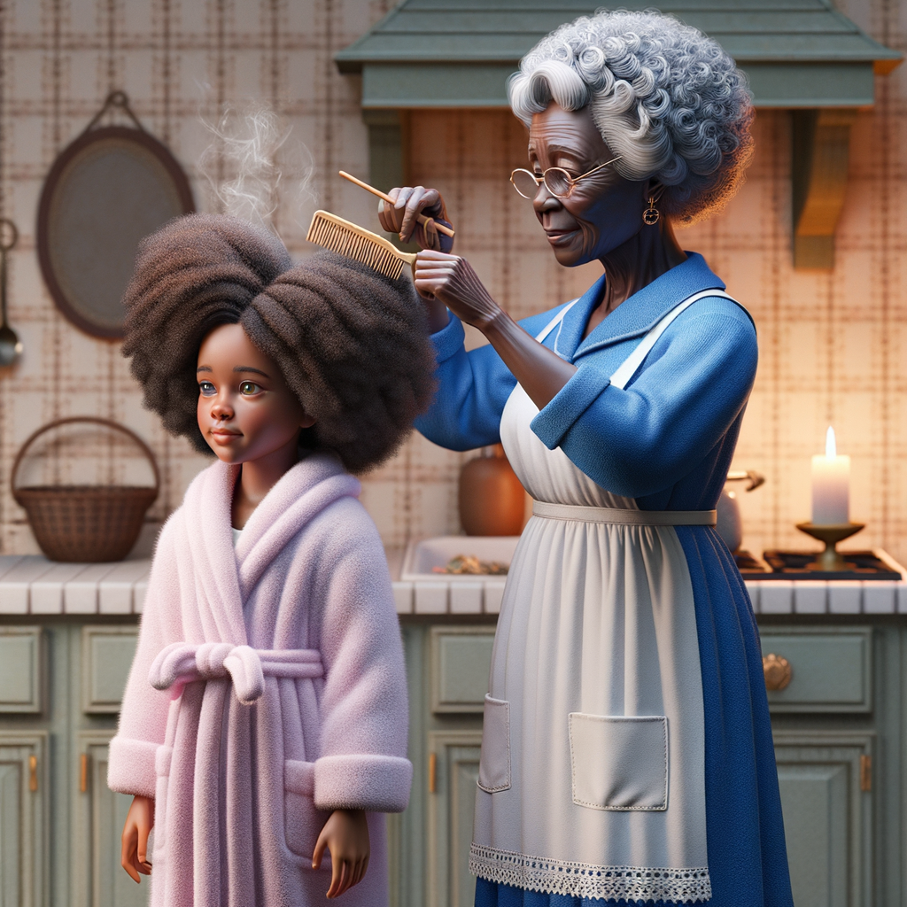 Create a realistic 3-D image of an african-American grandmother wearing a blue house dress and a white apron . She is in the kitchen with her african-American granddaughter. Her granddaughter is wearing a pink bath robe. The grandmother has a hot comb in her hand and she is straightening her granddaughters hair. One side of her granddaughters hair is in  a Afro the other straight 
There is smoke coming from the hot comb
The granddaughter is making a face