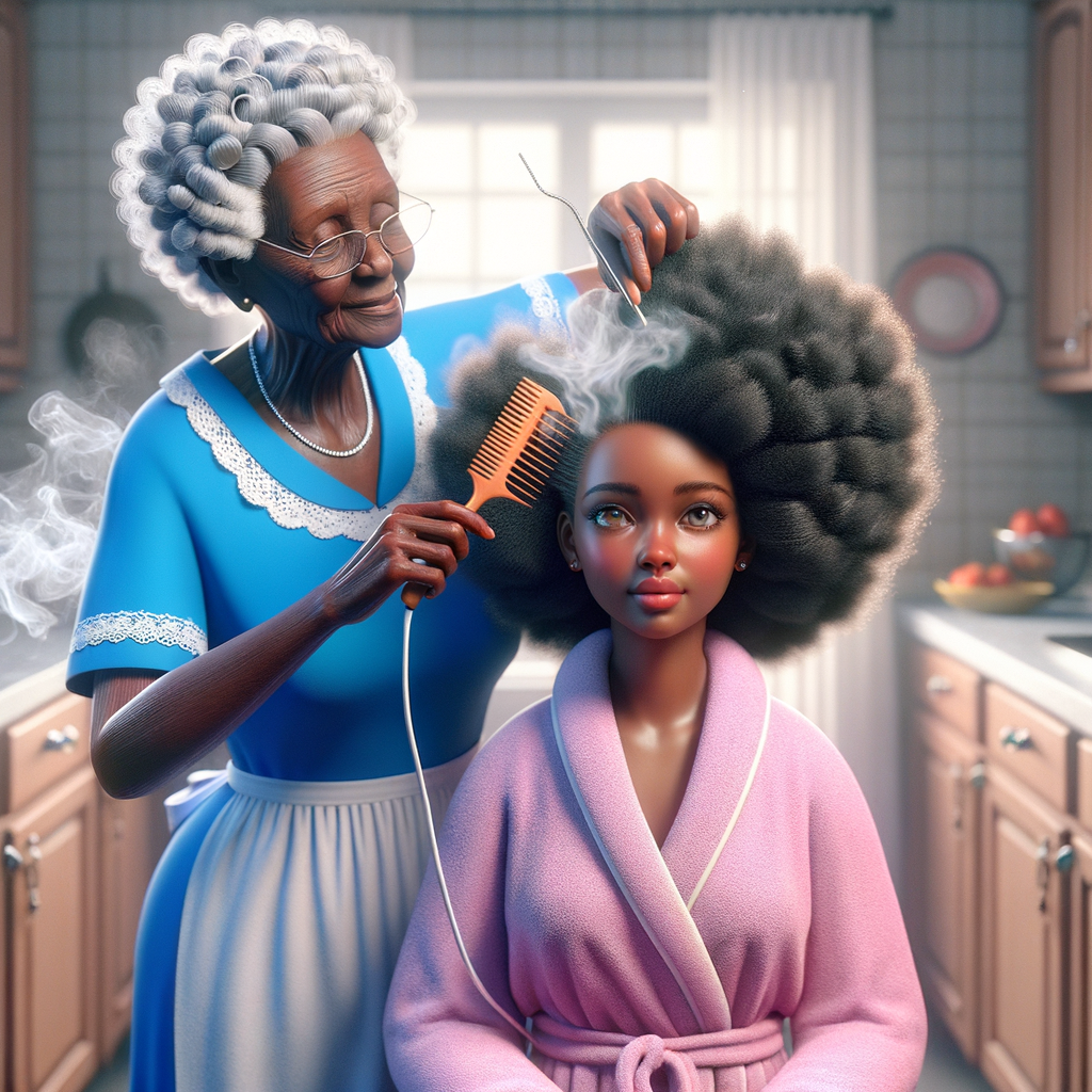 Create a realistic 3-D image of an african-American grandmother wearing a blue house dress and a white apron . She is in the kitchen with her african-American granddaughter. Her granddaughter is wearing a pink bath robe. The grandmother has a hot comb in her hand and she is straightening her granddaughters hair. One side of her granddaughters hair is in  a Afro the other straight 
There is smoke coming from the hot comb
The granddaughter is making a face