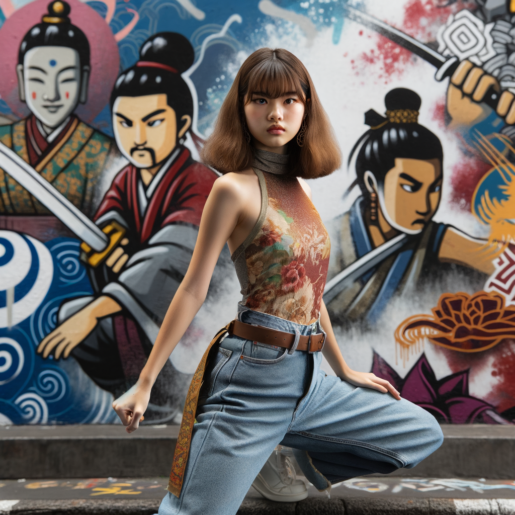 Attractive, Asian teenage girl, long brown hair and bangs, wearing tight skinny jeans and a halter top paint marks on her clothing, backside view heroic pose Asian graffiti