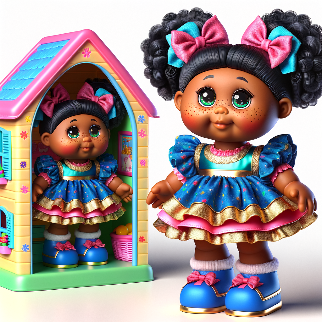 Design a 3-D realistic original African-American Cabbage Patch doll. She has on a blue pink and gold dress with matching booties. She has pink and blue bows in her hair. she lives inside of a colorful dollhouse. She has freckles and big dimples.