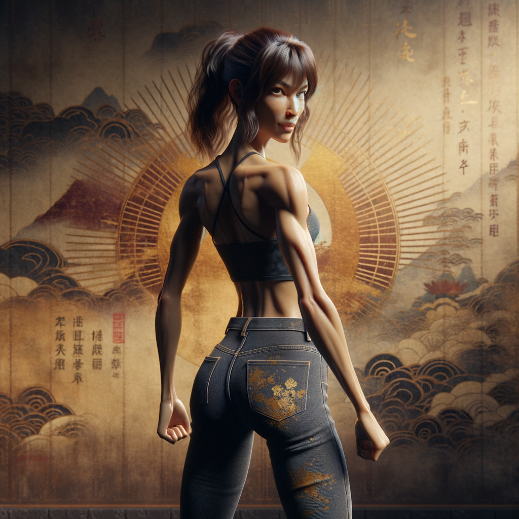 Athletic Thin skinny Attractive, Asian teenage girl, long brown hair and bangs, wearing tight skinny jeans and a halter top paint marks on her clothing, heroic pose Asian graffiti background, backside view