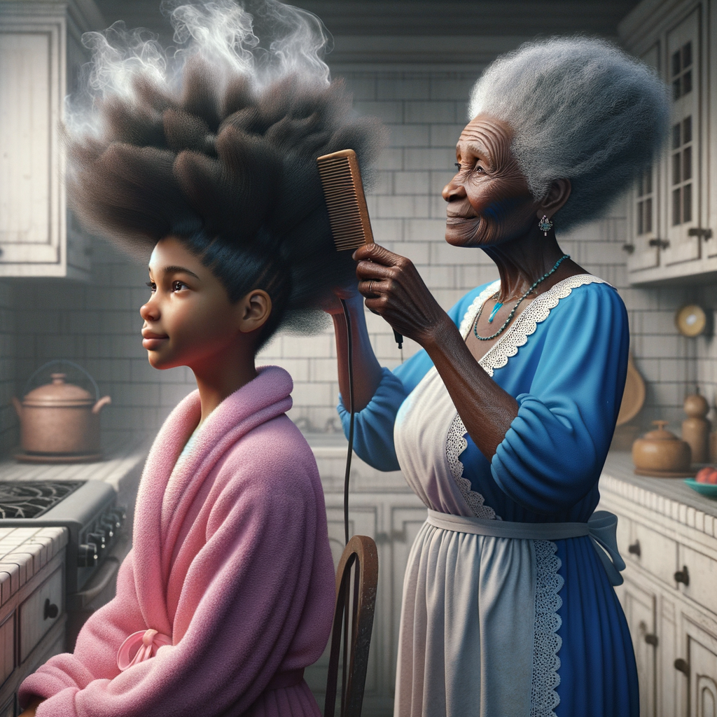 Create a realistic 3-D image of an african-American grandmother wearing a blue house dress and a white apron . She is in the kitchen with her african-American granddaughter. Her granddaughter is wearing a pink bath robe. The grandmother has a hot comb in her hand and she is straightening her granddaughters hair. One side of her granddaughters hair is in  a Afro the other straight 
There is smoke coming from the hot comb
The granddaughter is making a face