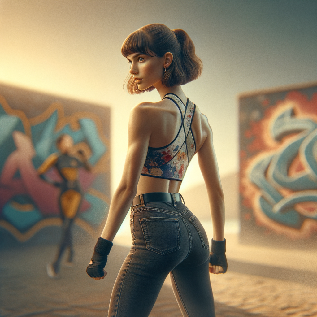 Athletic Thin skinny Attractive, Asian teenage girl, long brown hair and bangs, wearing tight skinny jeans and a halter top paint marks on her clothing, heroic pose Asian graffiti background, backside view