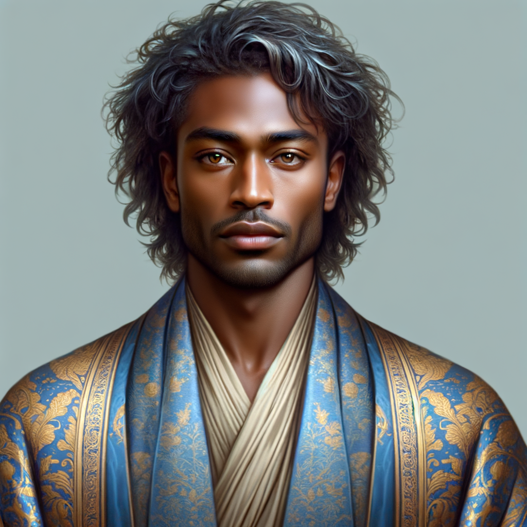 Create handsome African-American, Jesus, with Hazel Brown eyes wearing a blue and gold robe